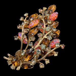 Vintage Beau Jewels Iridescent Red Glass Rhinestone Brooch